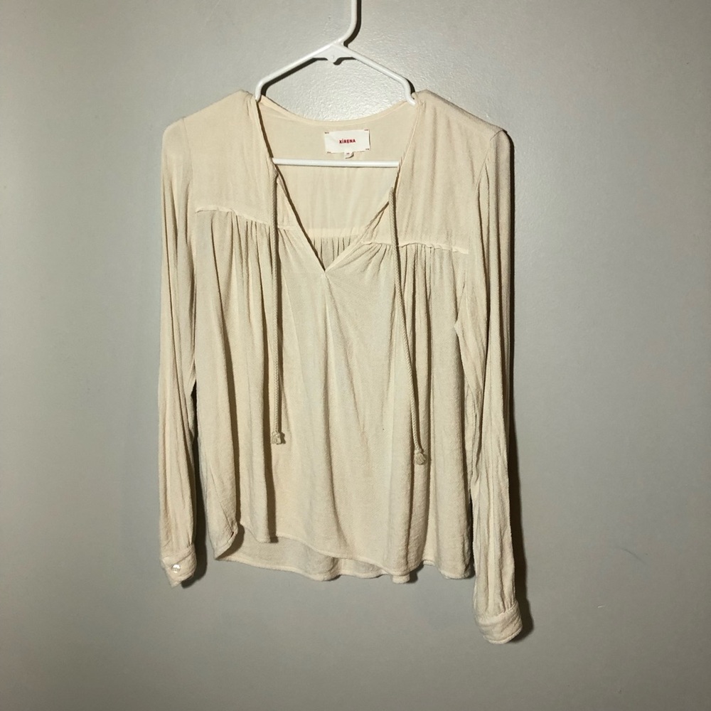 Xirena cotton gauzy long sleeve peasant top with drawstring neckline XS cream